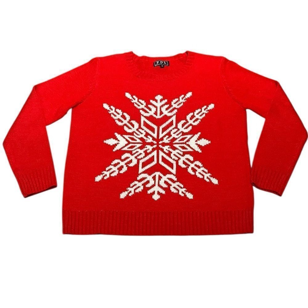 POL Women’s Red Snowflake Crew Neck Sweater,‎ Size M